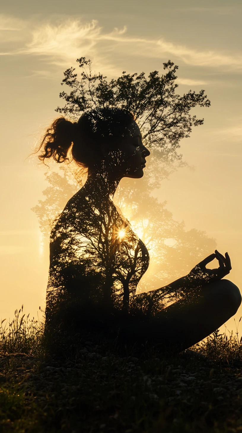 Surreal woman fused with tree roots at soft sunset
