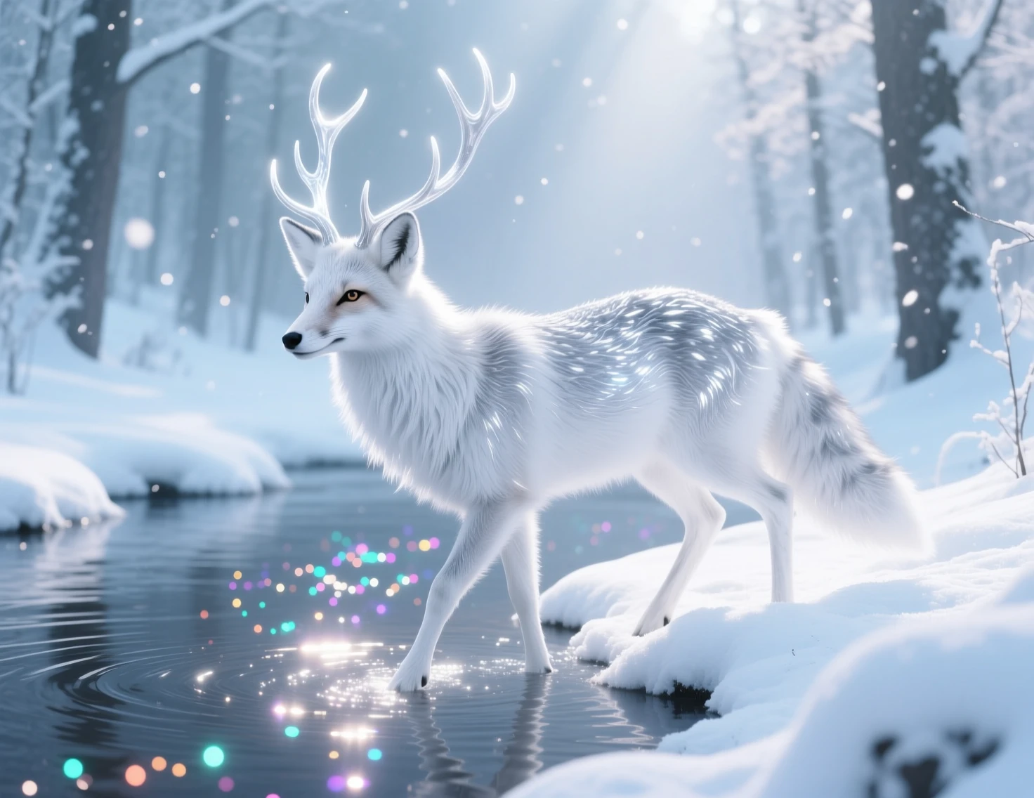 Cerf blanc argenté près d’une rivière dans une forêt enneigée