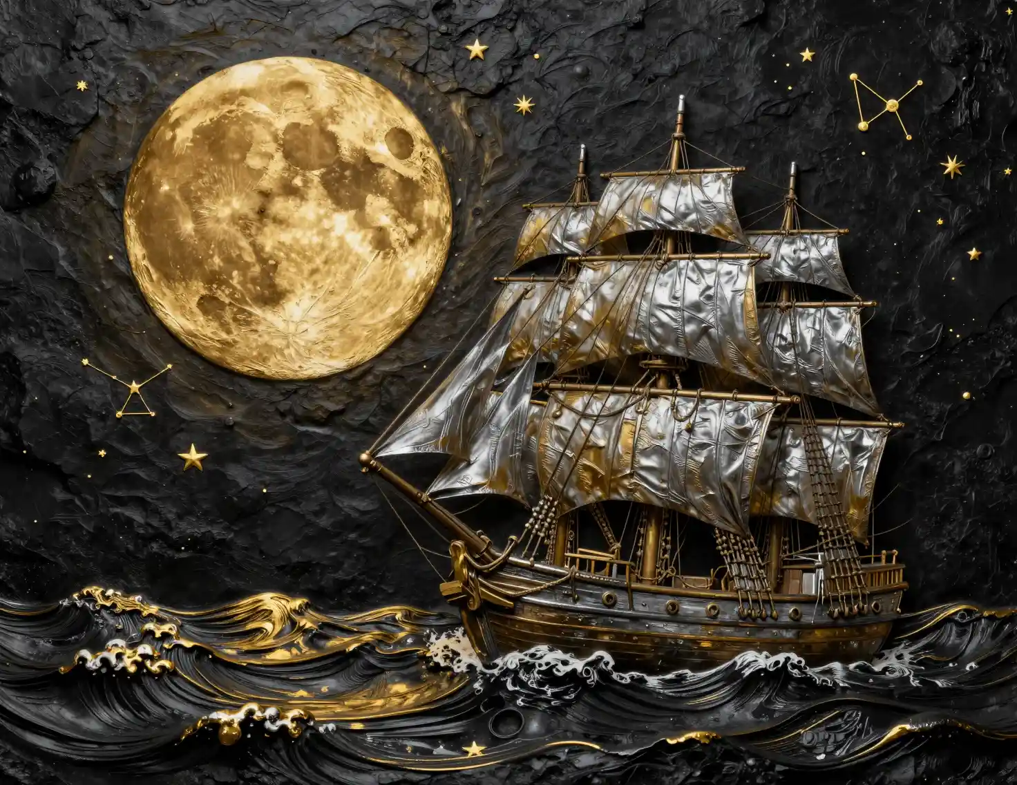 Antikes Segelschiff unter riesigem goldenen Mond auf dem Meer