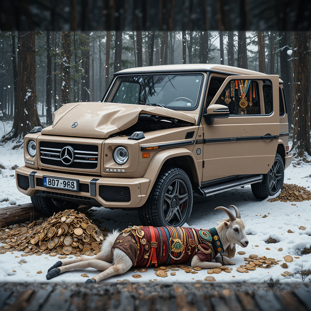 Damaged Mercedes SUV Against Tree In Winter Forest Studio