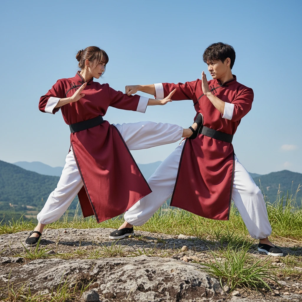 Homem e mulher de kung fu lutando em um campo rochoso e gramado