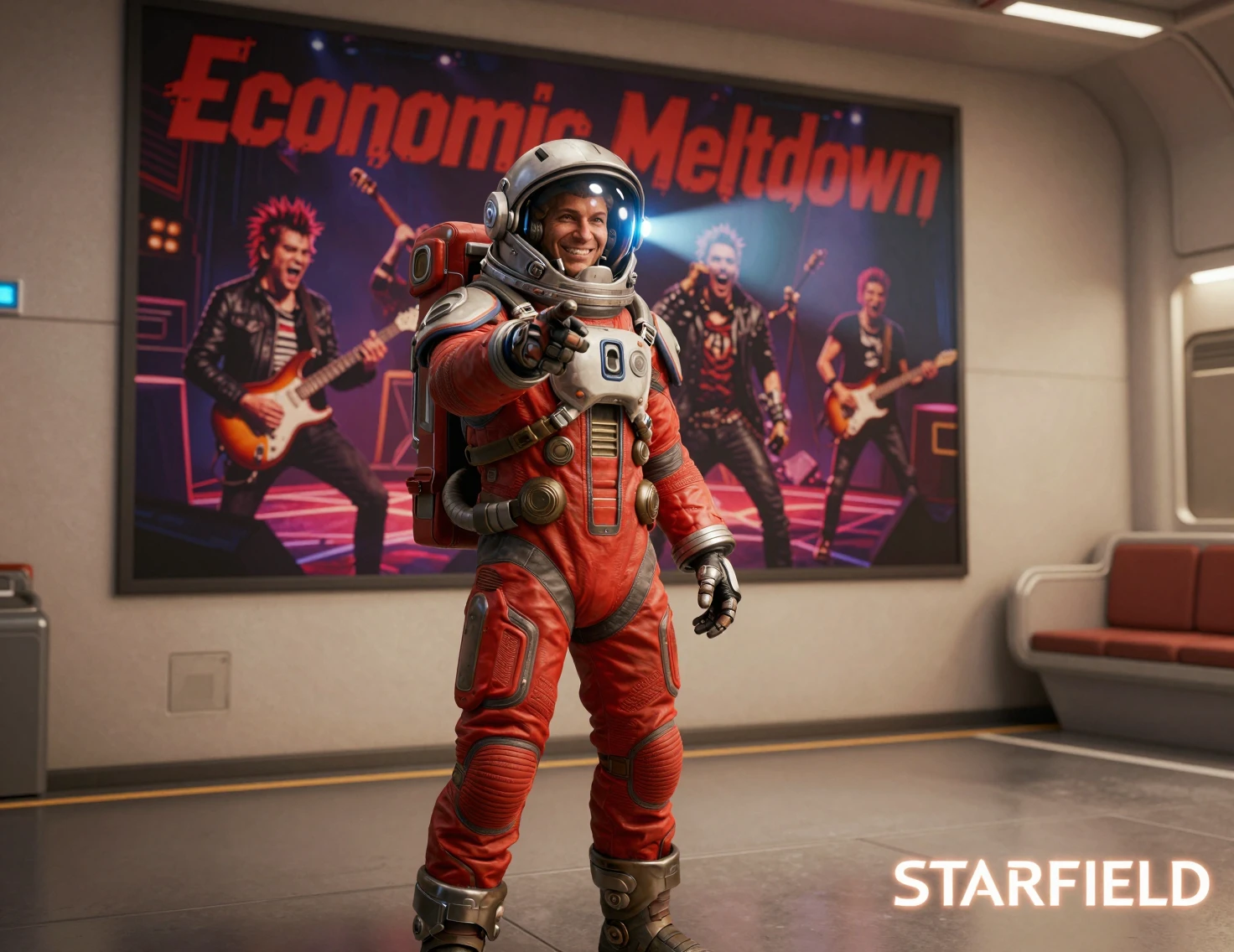 Smiling astronaut pointing forward in sleek sci fi interior