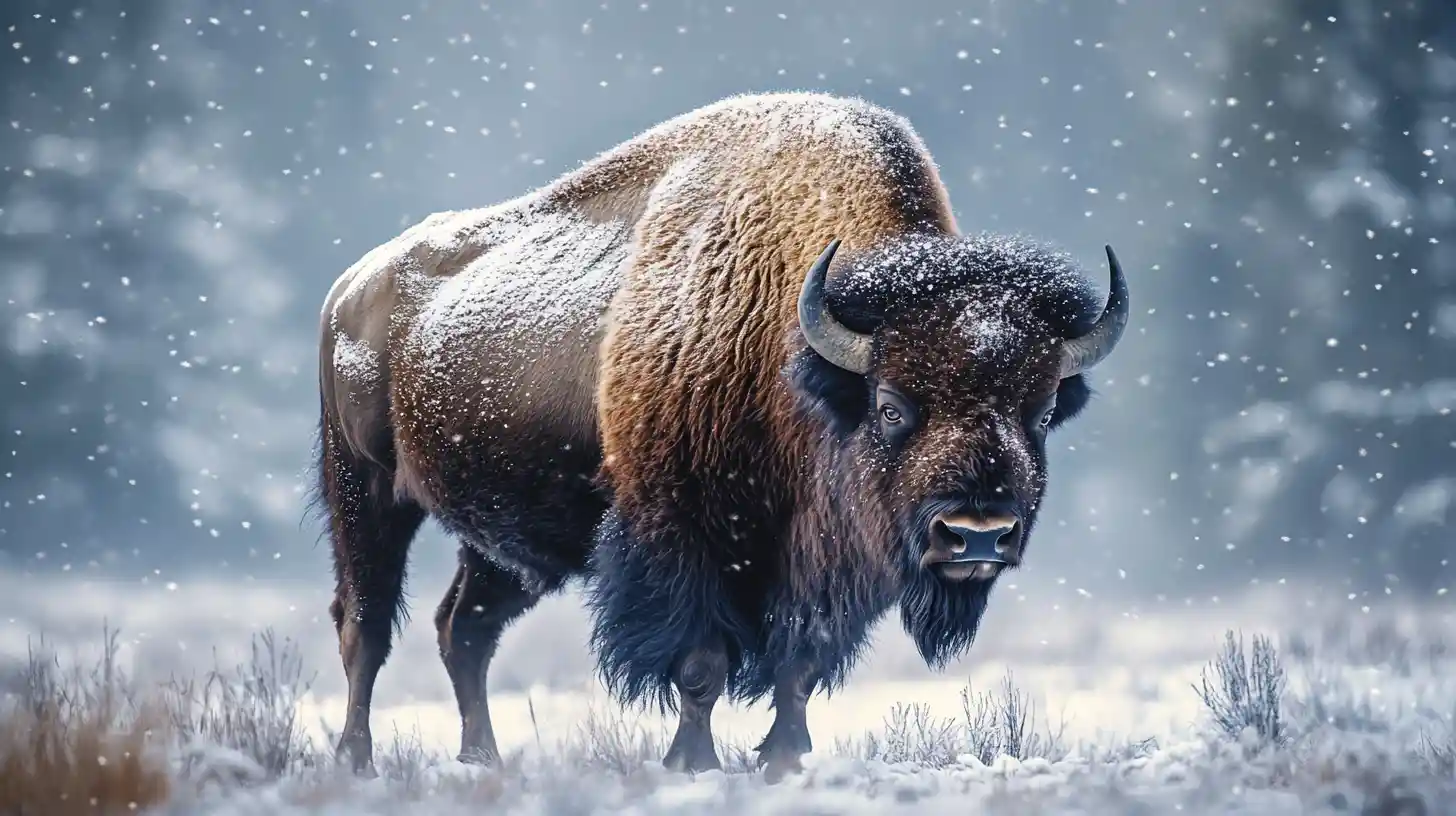 Lone bison standing proudly in a quiet snowy field