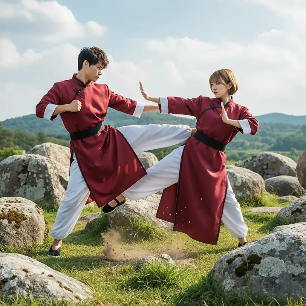 Kung-Fu-Mann und -Frau kämpfen auf felsigem Grasland