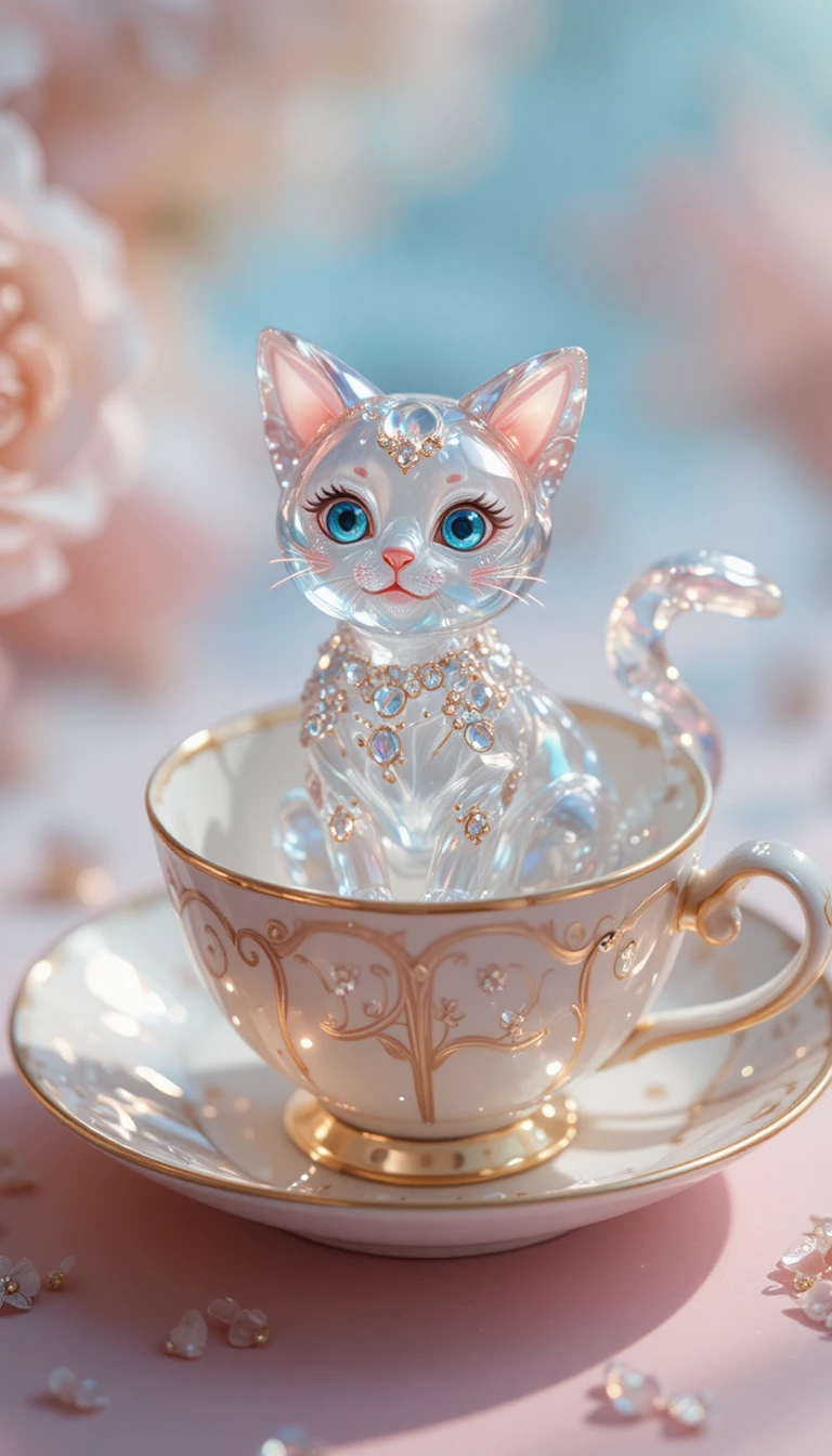 Estatueta de gato de cristal em xícara de porcelana com fundo em tons pastéis