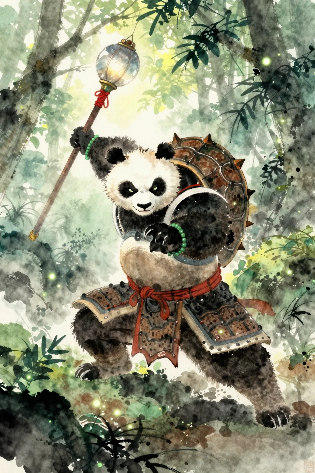 Guerrier panda bondissant dans une jungle mystique en aquarelle