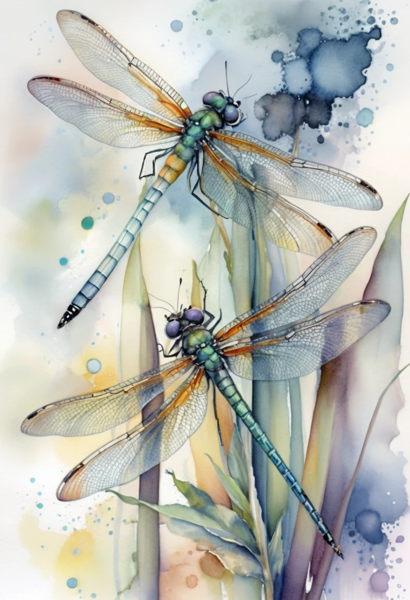 Deux libellules aquarelle sur des tiges vertes sur fond pastel