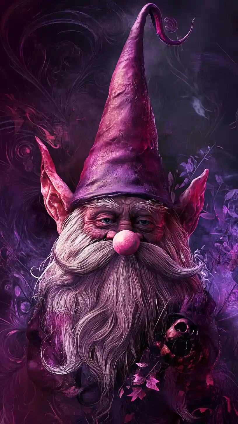 Gnome mystique au regard intense dans une sombre scène d’Halloween