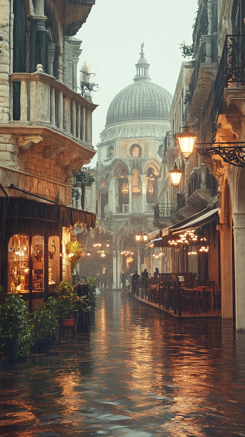Rua veneziana encharcada de chuva com vitrines iluminadas