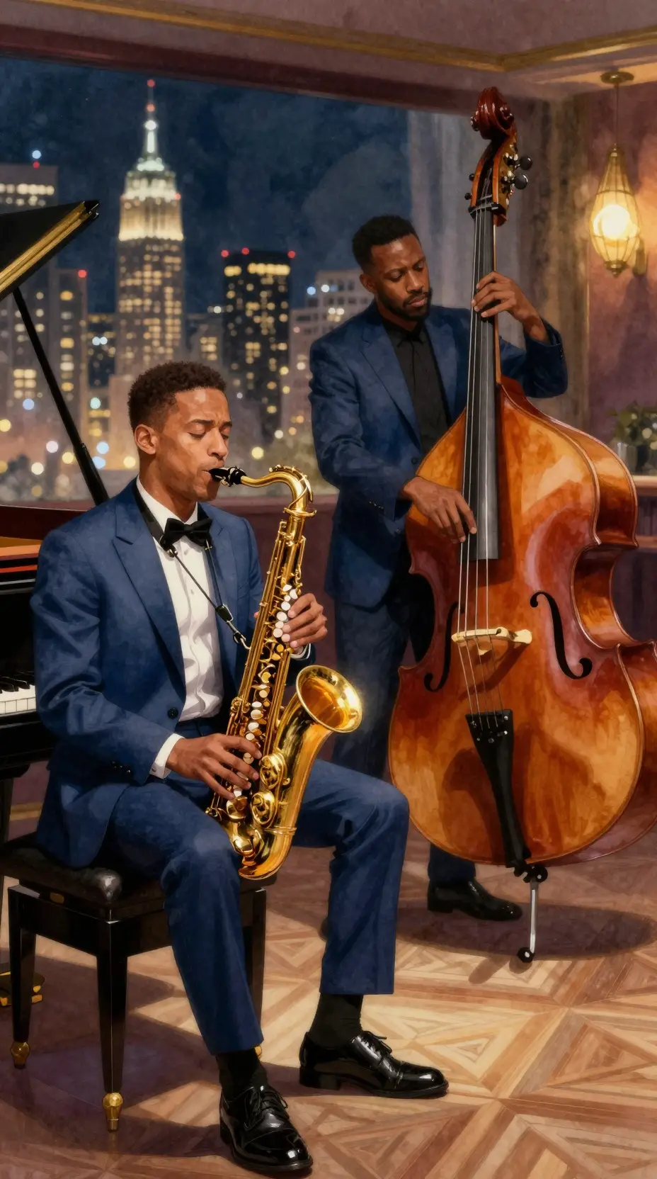 Elegant jazz musicians performing in a luxurious night club