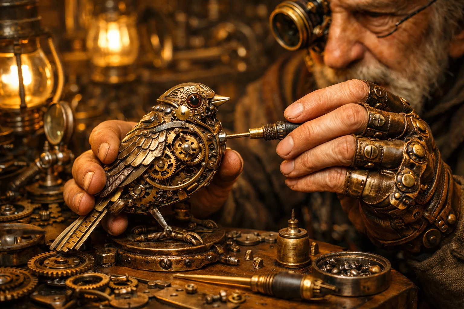 Artesão steampunk reparando um pássaro mecânico intricado
