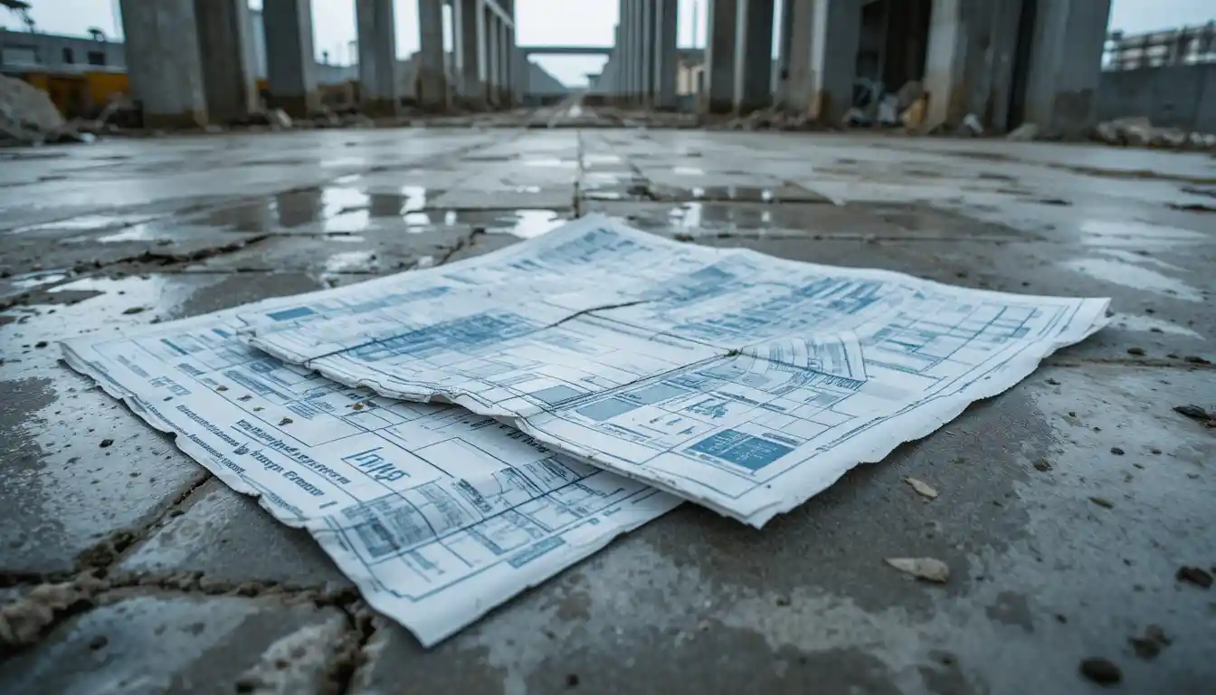 工業建築工地混凝土地板上的撕裂藍圖