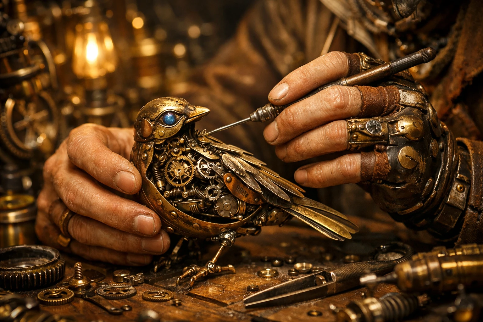 Steampunk artisan repairing an intricate clockwork bird
