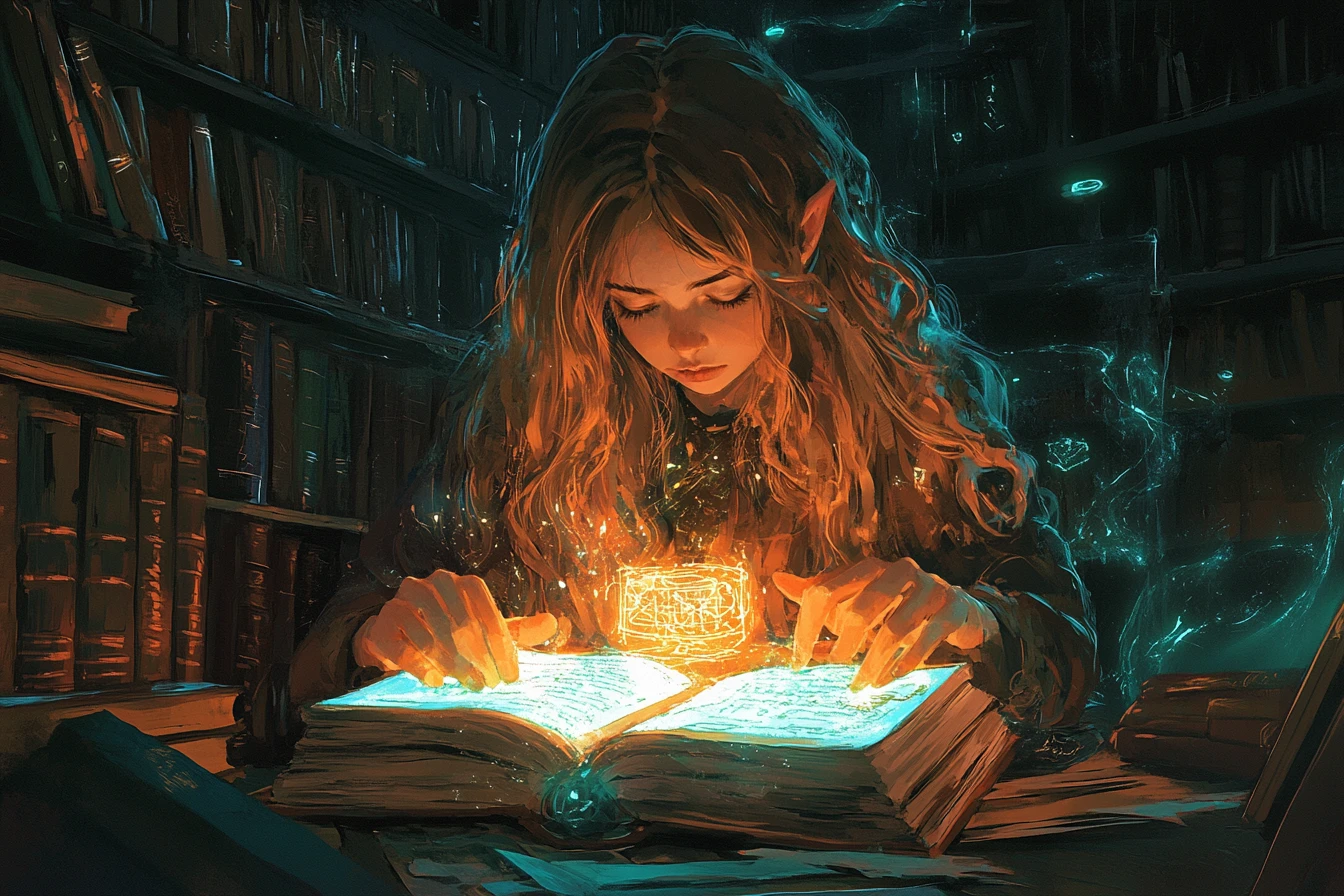 Giovane strega che legge un tomo magico luminoso in una biblioteca in penombra