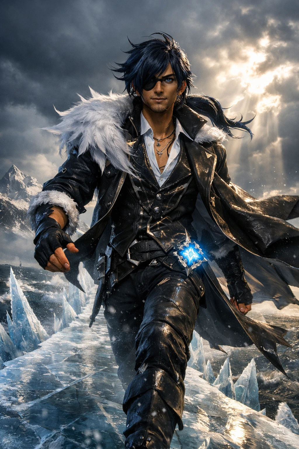 Captain striding across an icy bridge in stormy light
