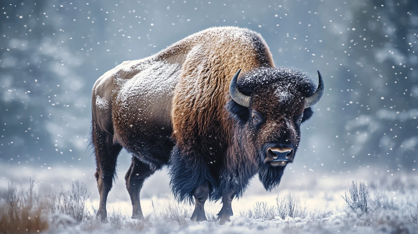 Lone bison standing proudly in a quiet snowy field