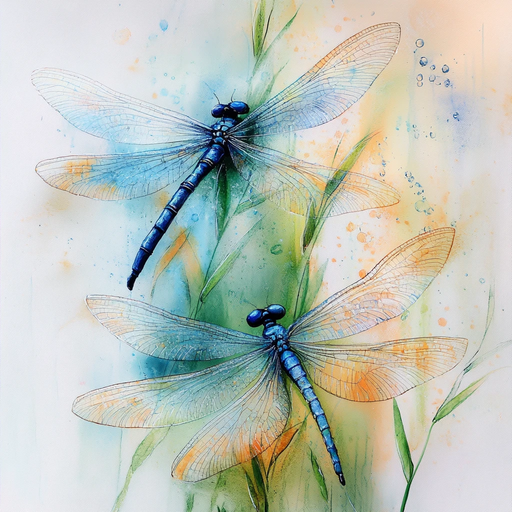 Libellules colorées sur tiges vertes dans un style aquarelle