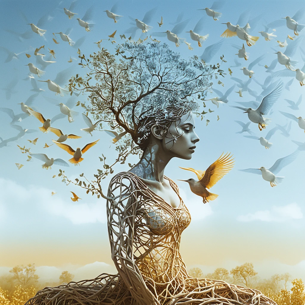 Meditating woman merging with tree roots at sunset