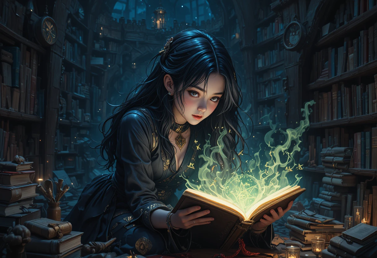 Young sorceress reading a glowing arcane book in shadows