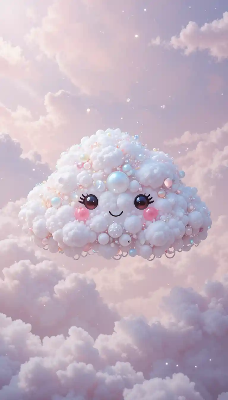Nube de gemas adorable con cara sonriente en un cielo pastel