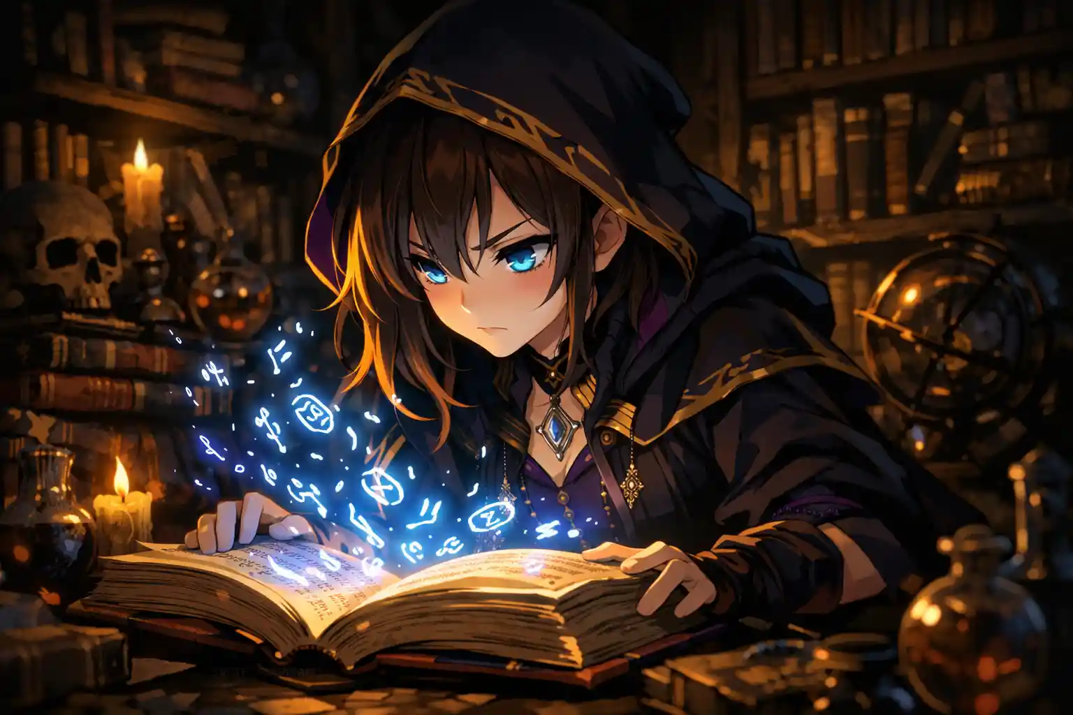 Jeune sorcière lisant un grimoire magique lumineux dans une bibliothèque ombragée