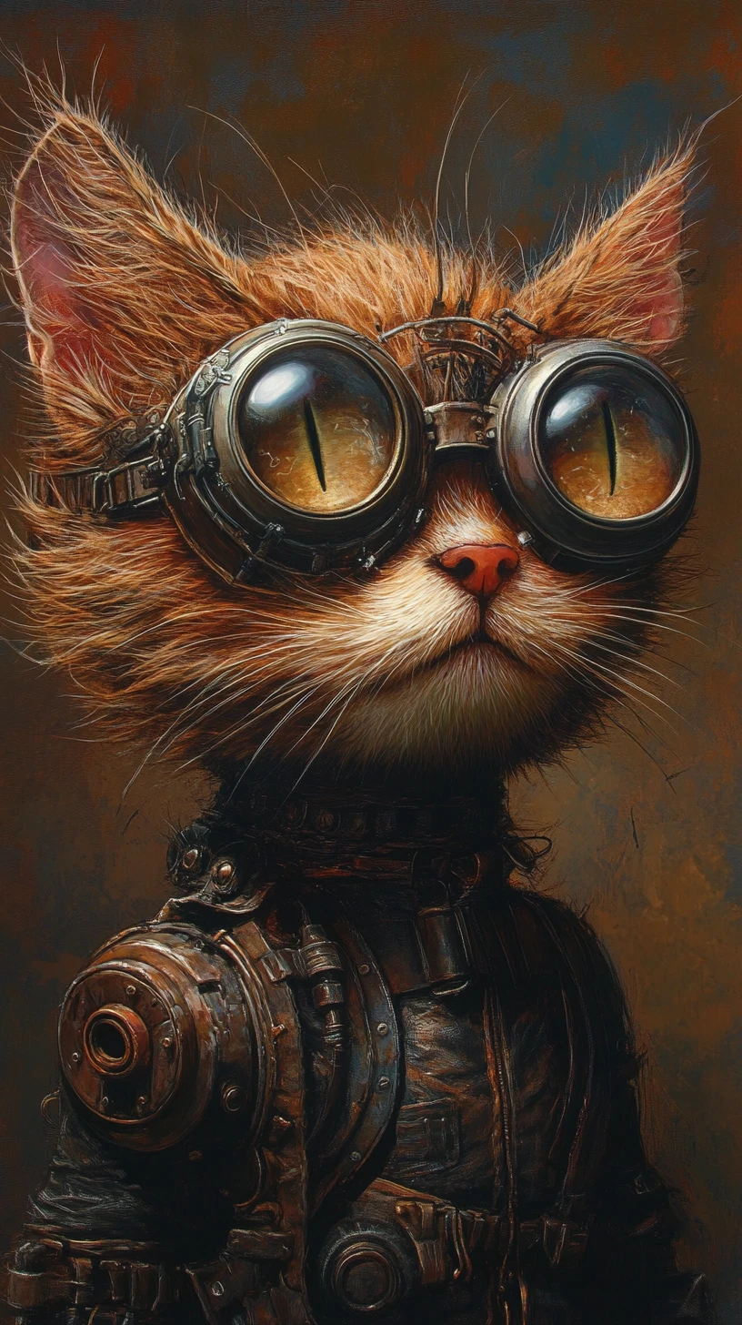 Figura surreal de gato steampunk con intensa mirada futurista