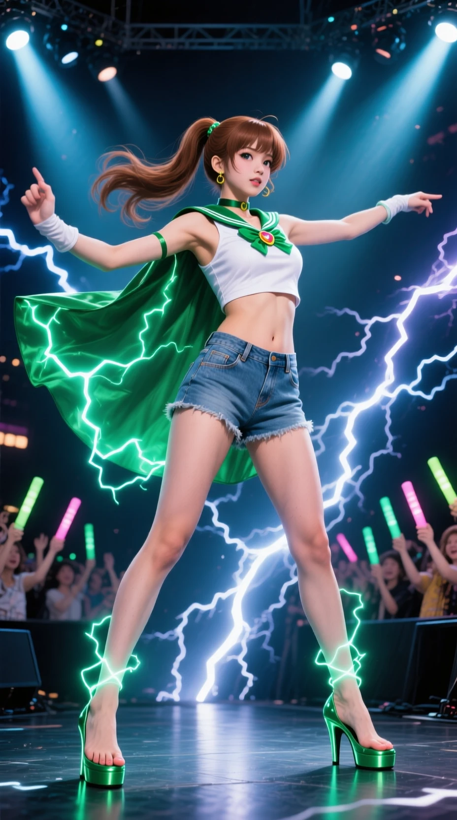 Danzatrice idol energica su palco da concerto pieno di fulmini
