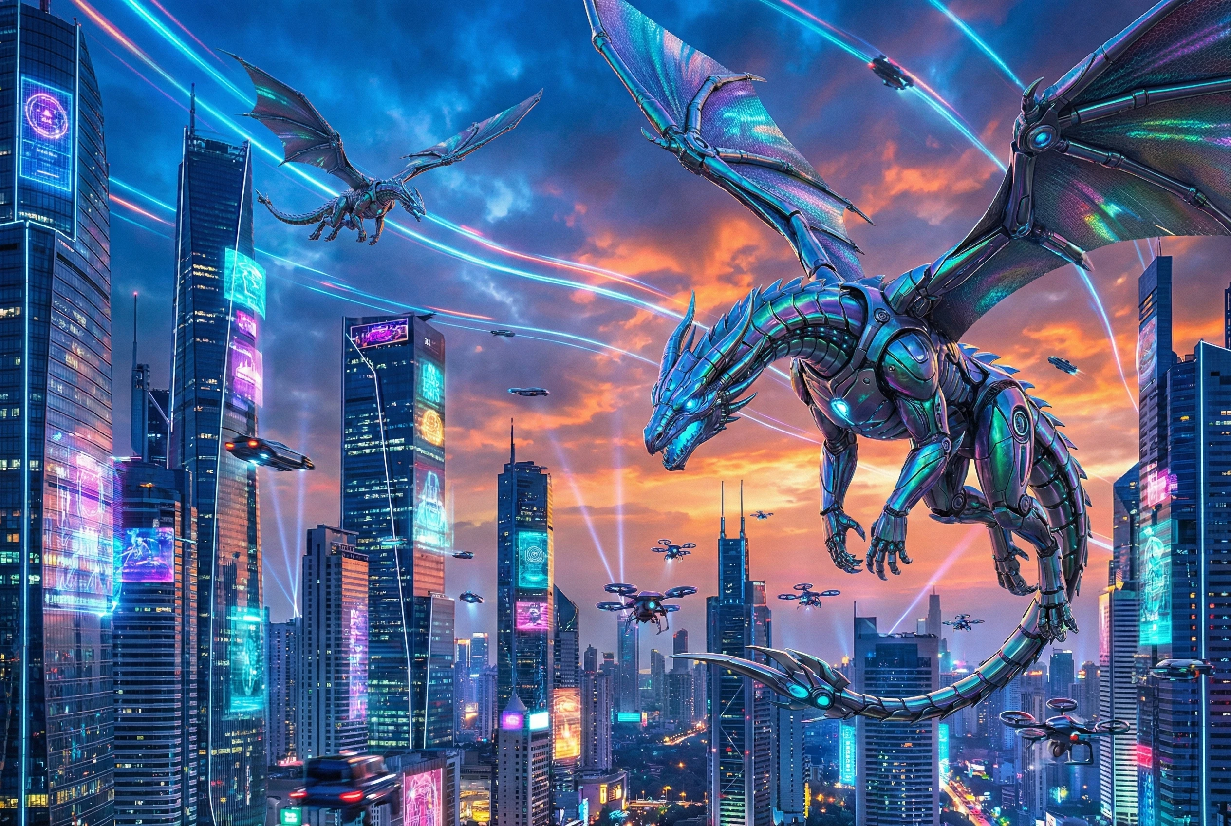 Cybernetic dragon soaring above neon futuristic city