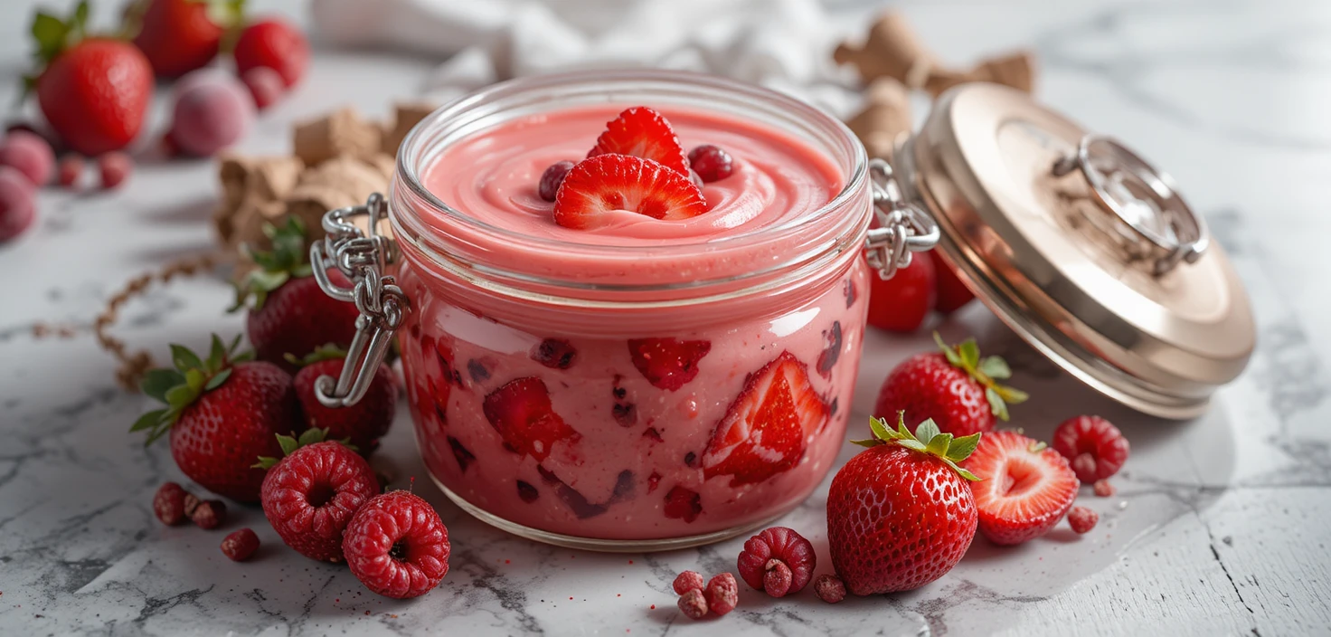 Vasetto di yogurt alla frutta in primo piano su sfondo chiaro da studio