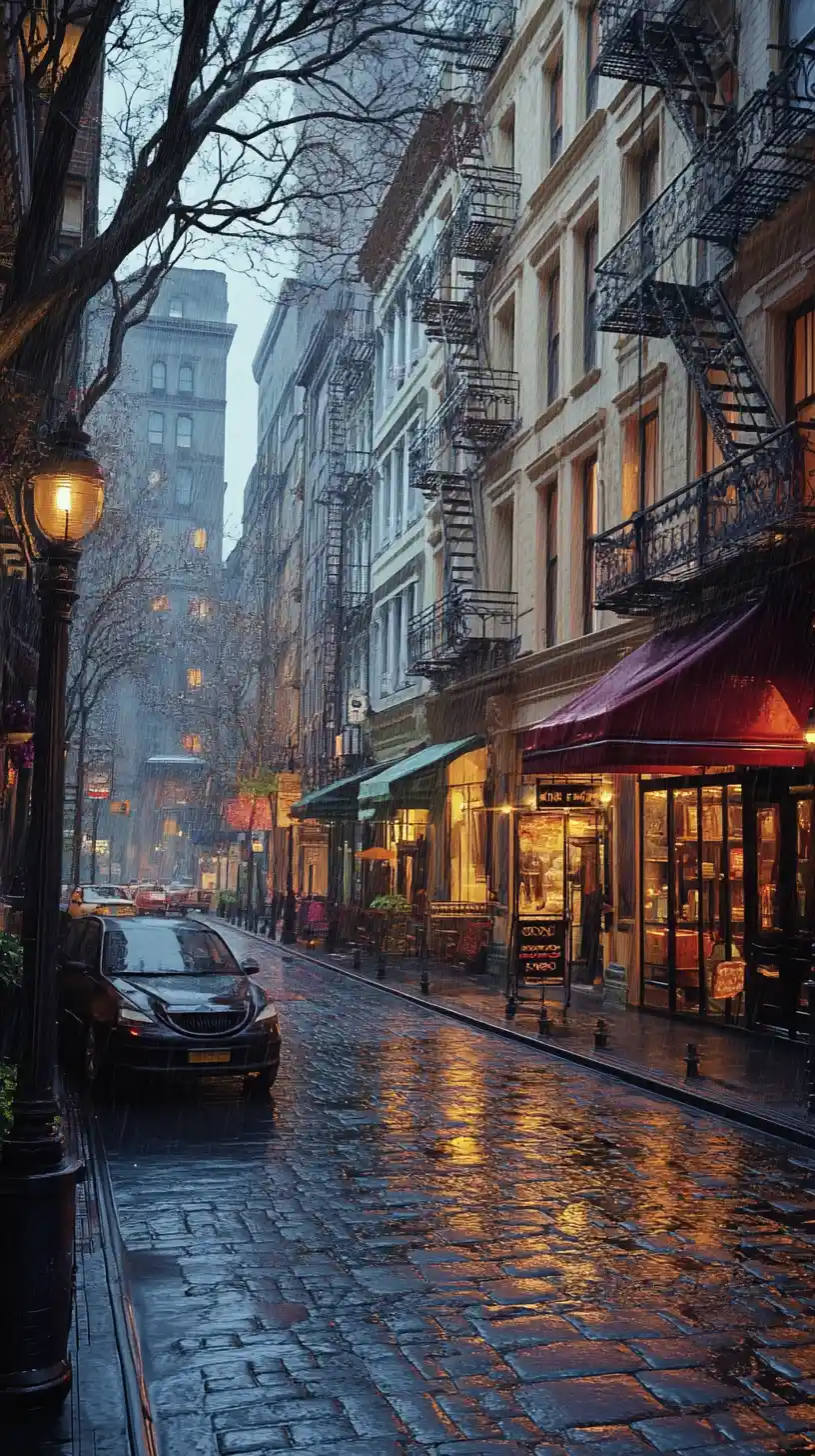 Strada piovosa di New York in stile cinematografico con vetrine luminose