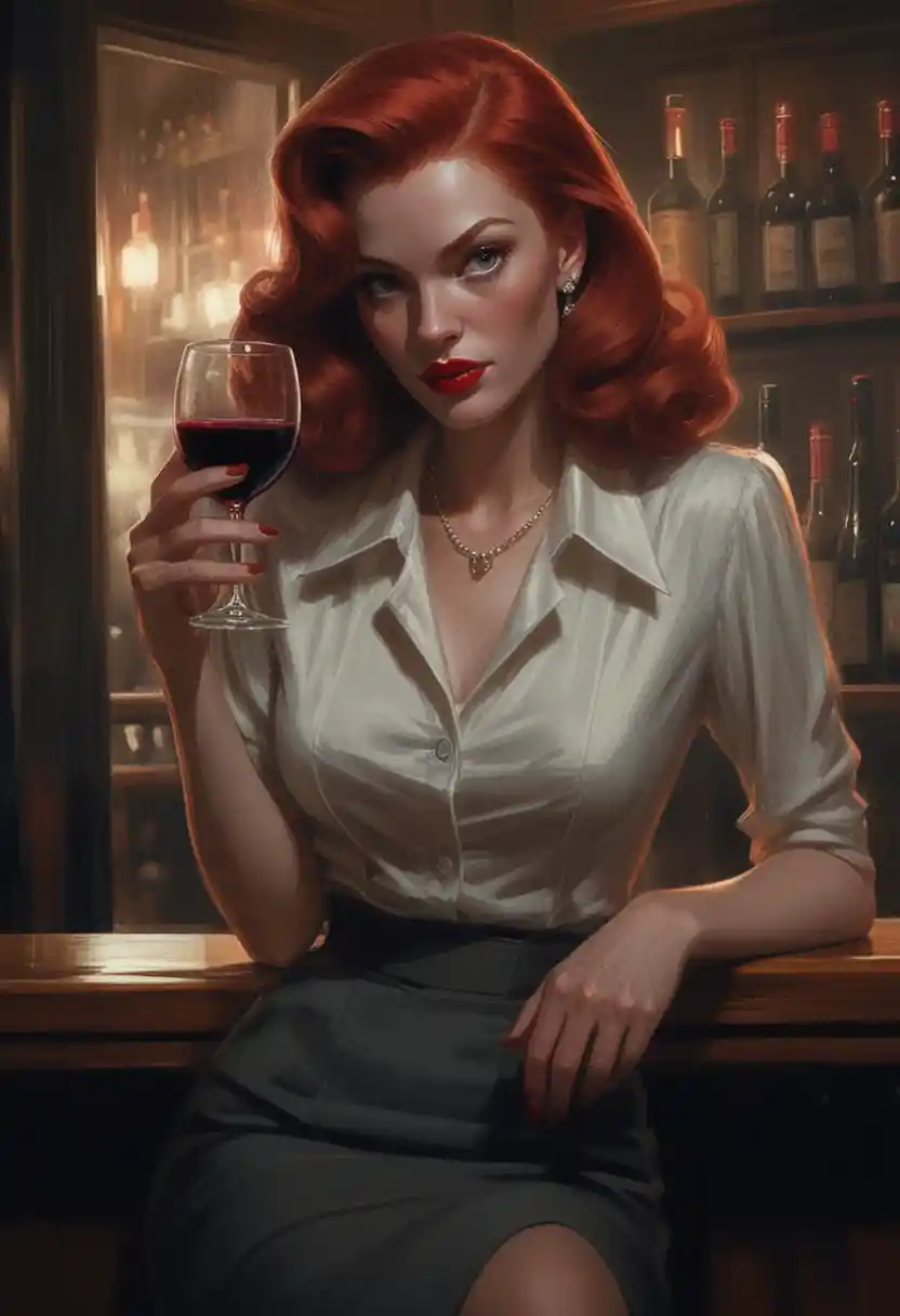 紅髮蛇蠍美人在黑色電影風酒吧舉杯