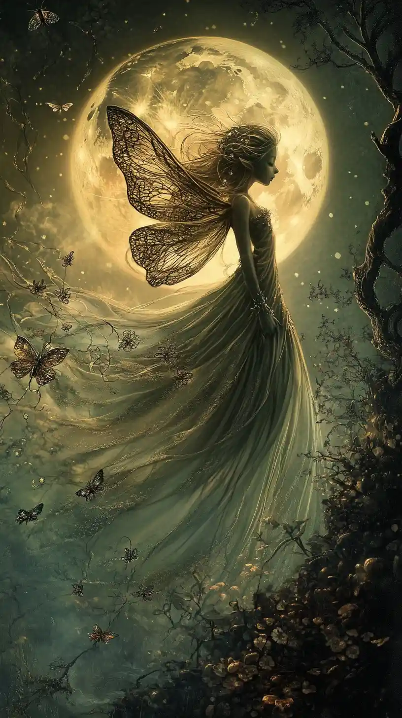 Ethereal elf woman drifting through a mystical moonlit landscape