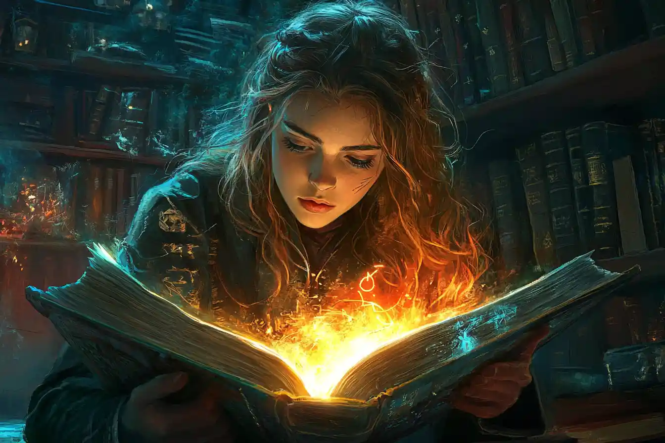 Giovane strega che legge un tomo arcano luminoso in una biblioteca in penombra