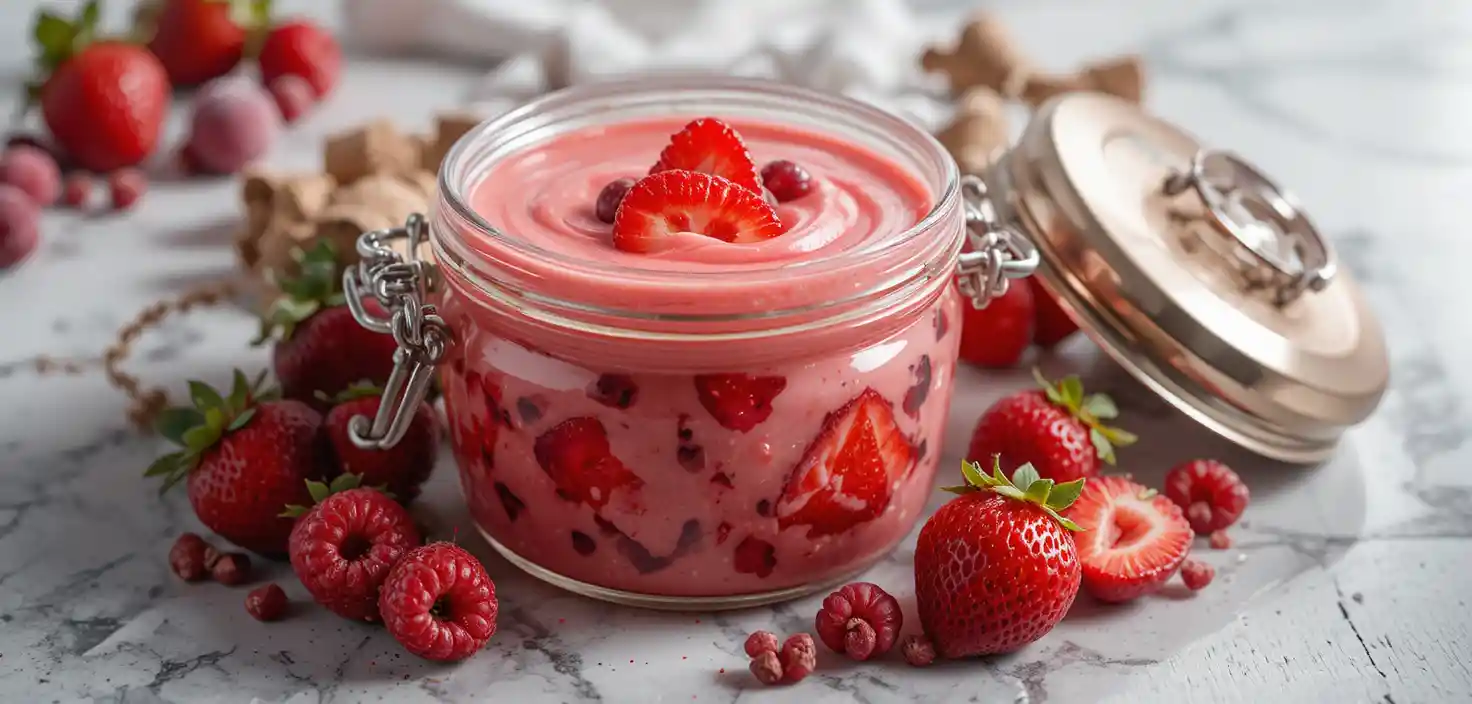 Vasetto di yogurt alla frutta in primo piano su sfondo chiaro da studio
