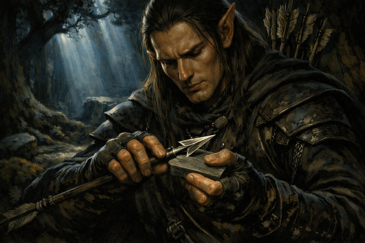 Archer elfe aiguisant une flèche dans une forêt au clair de lune