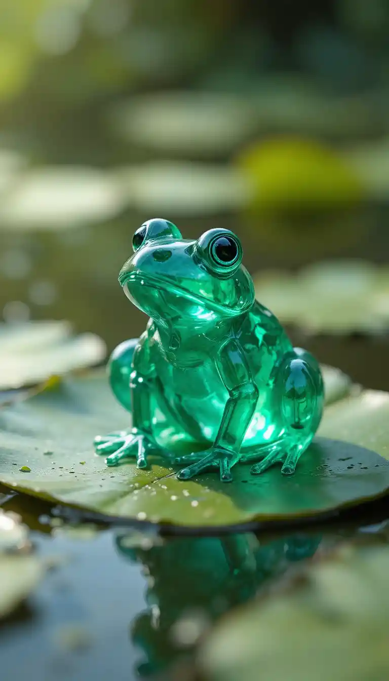Crystal Green Frog Figurine Resting On A Lily Pad