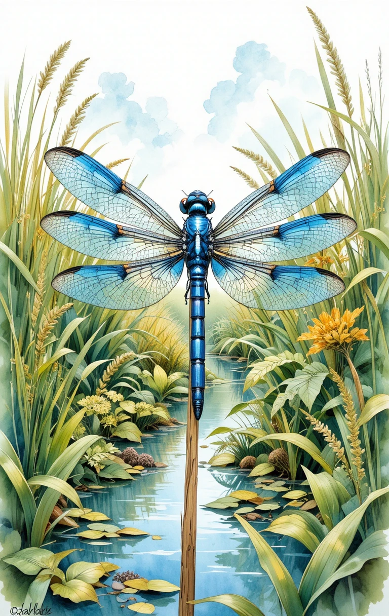 Libellule bleue sur un roseau dans une scène de marais aquarelle détaillée