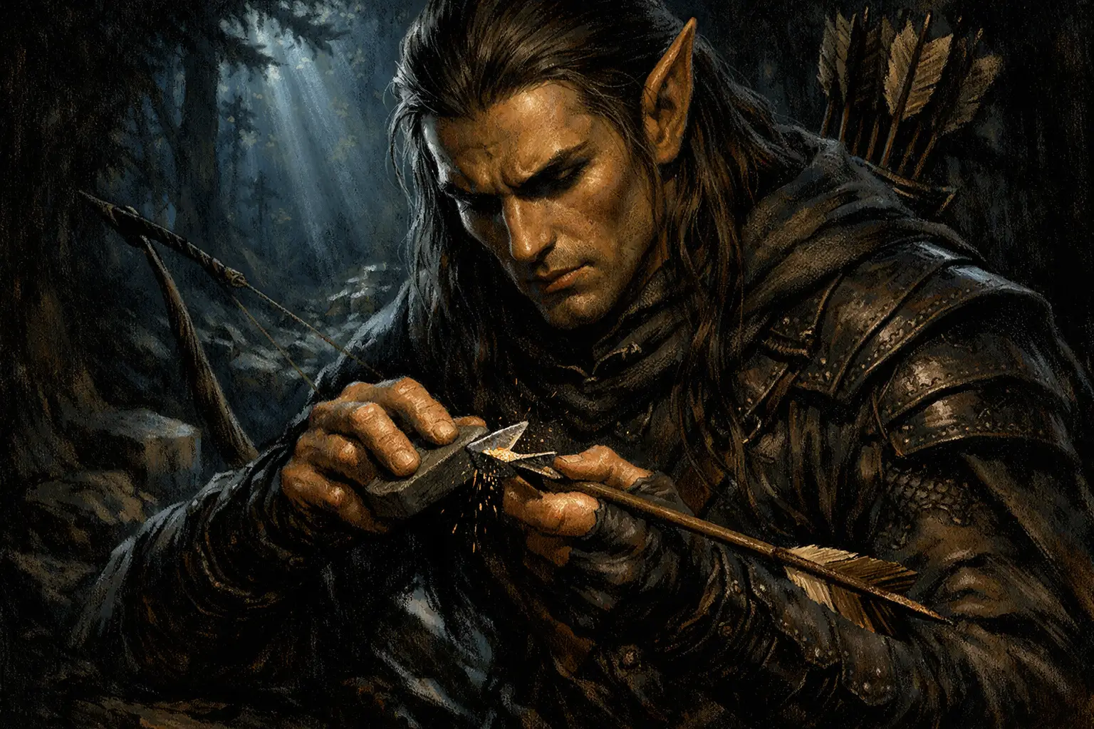 Archer elfe stoïque aiguisant une flèche dans une forêt au clair de lune