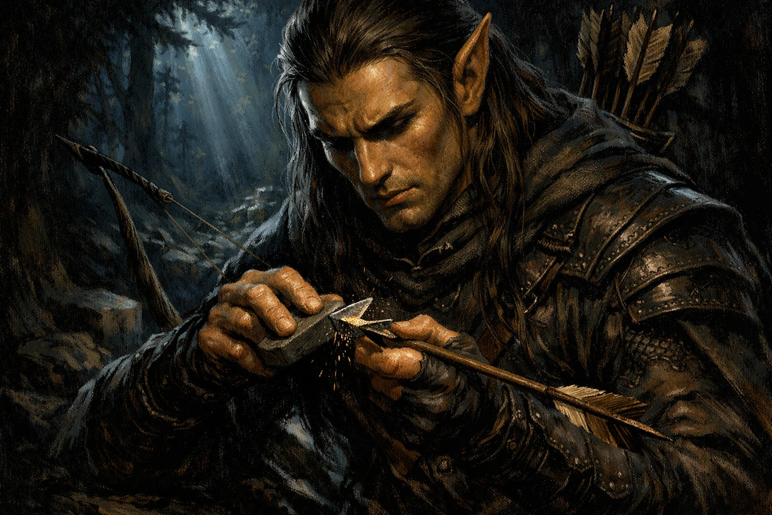 Archer elfe stoïque aiguisant une flèche dans une forêt au clair de lune