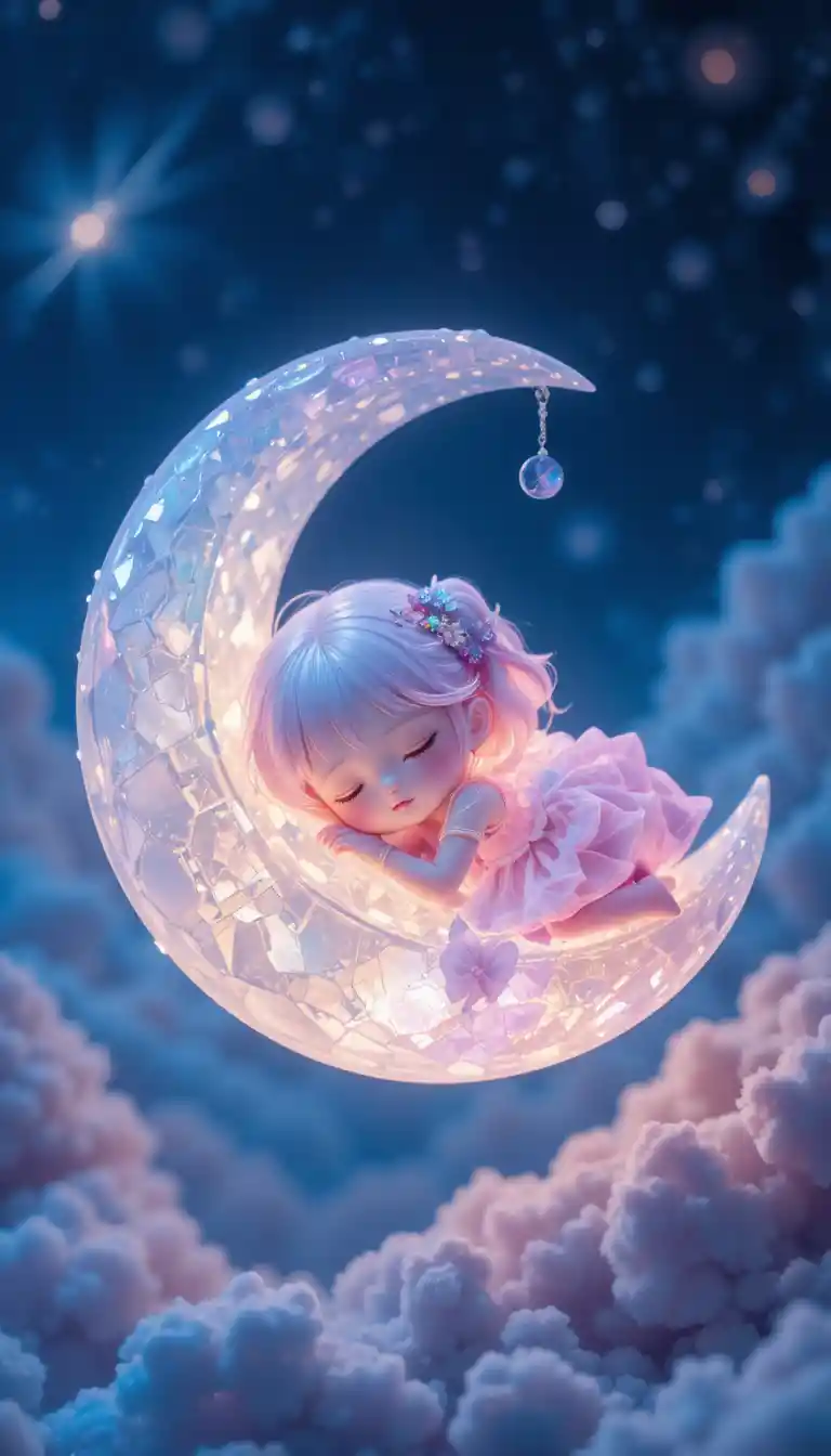 Adorable poupée en cristal dormant sur un croissant de lune lumineux