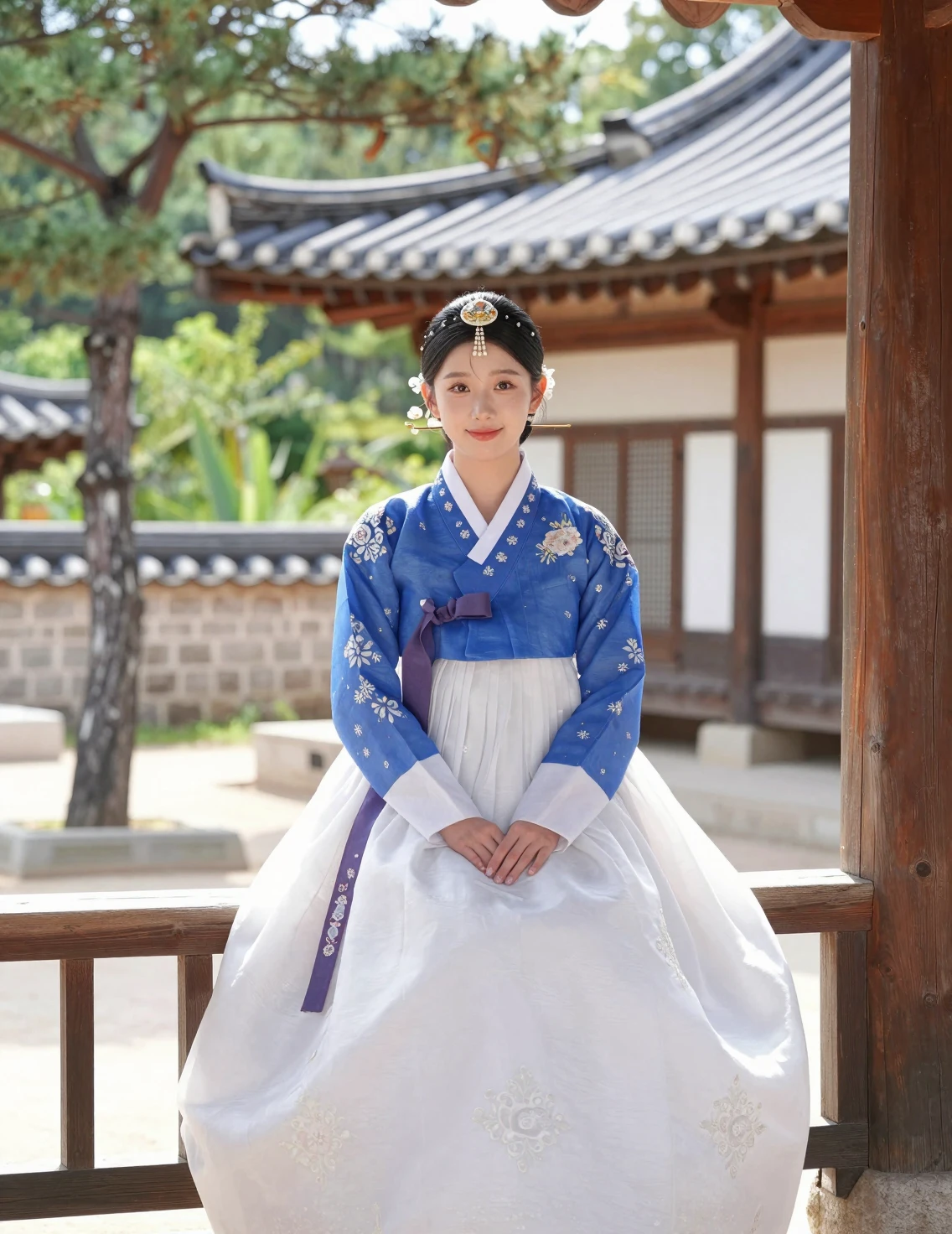 Korean woman in blue hanbok by wooden temple railing