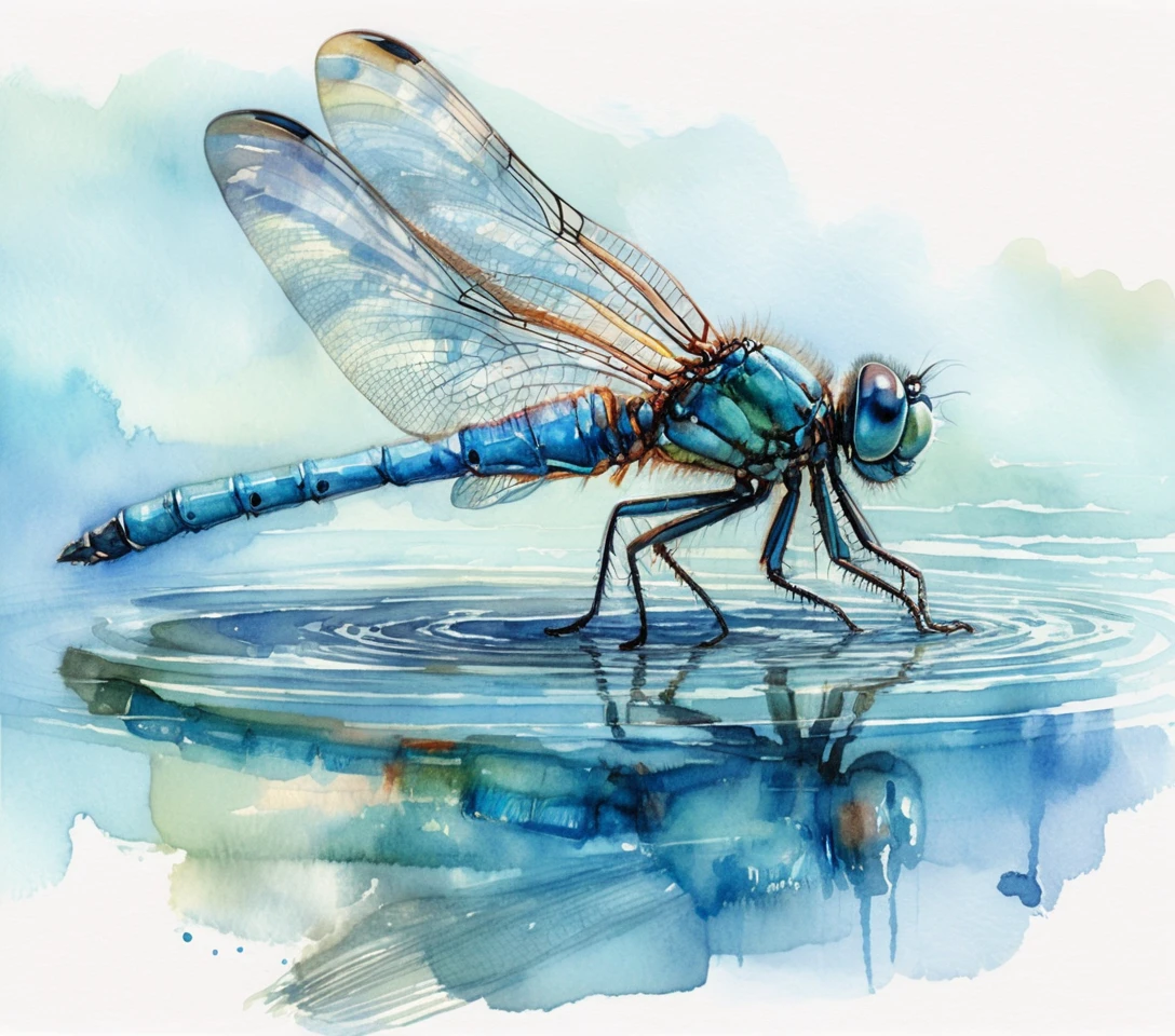 Libellule bleue sur eau calme en style aquarelle