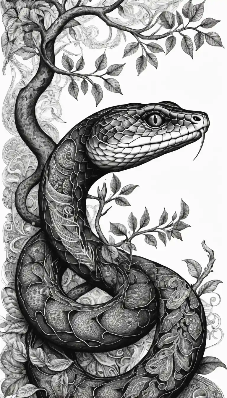 Raffinato disegno a inchiostro in bianco e nero di un serpente decorato
