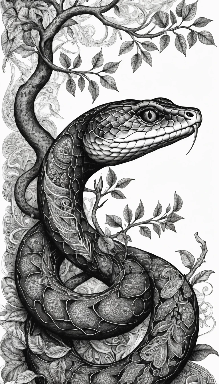 Intrincado dibujo a tinta en blanco y negro de una serpiente con patrones
