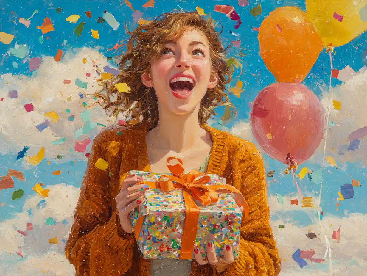 Smiling young woman holding a colorful wrapped gift