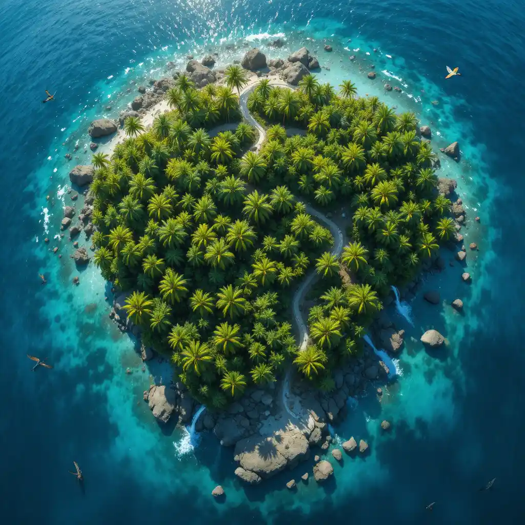 Tropical island from a cinematic birds eye aerial view