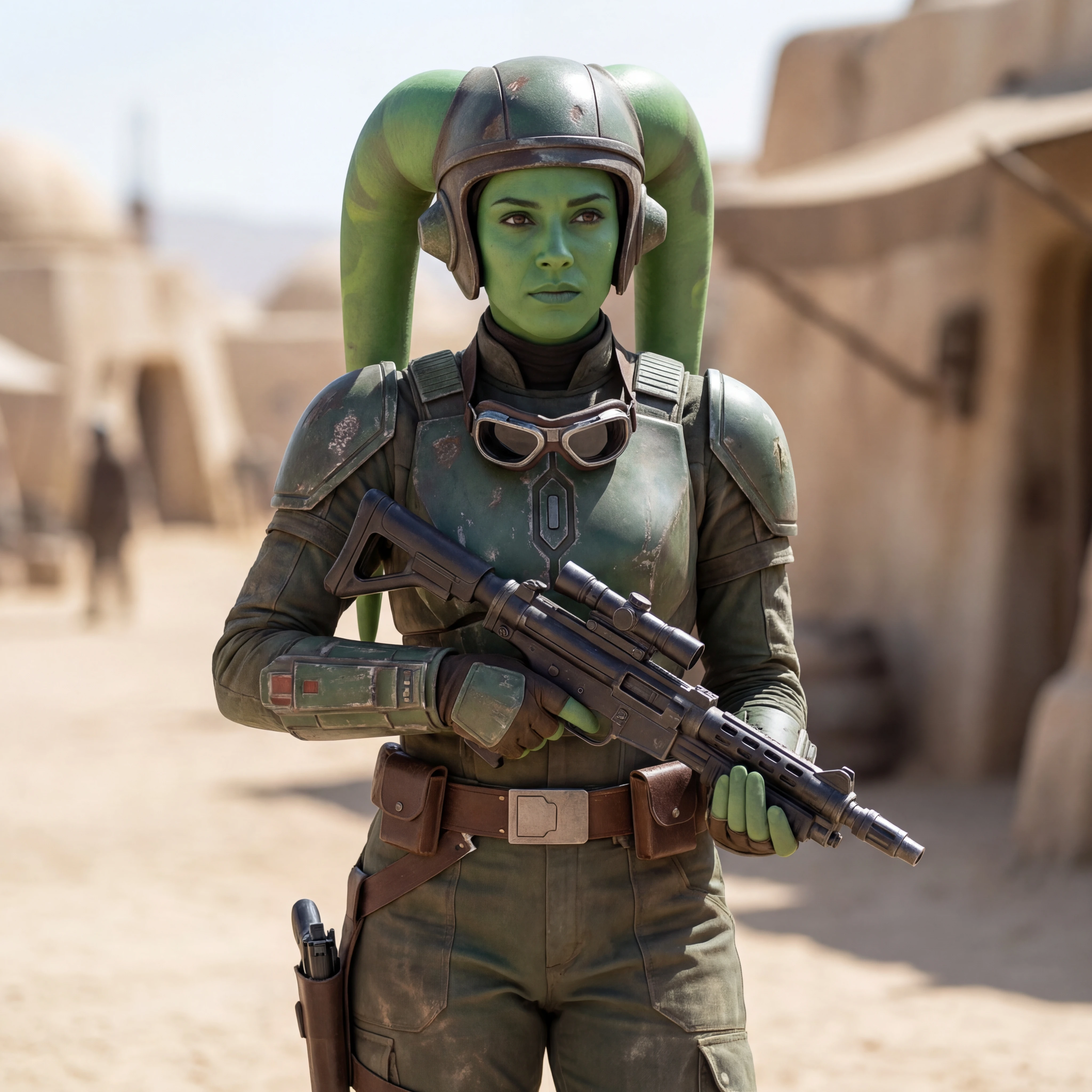 Grüne Twi’lek-Soldatin aus einer fernen Sci-Fi-Welt