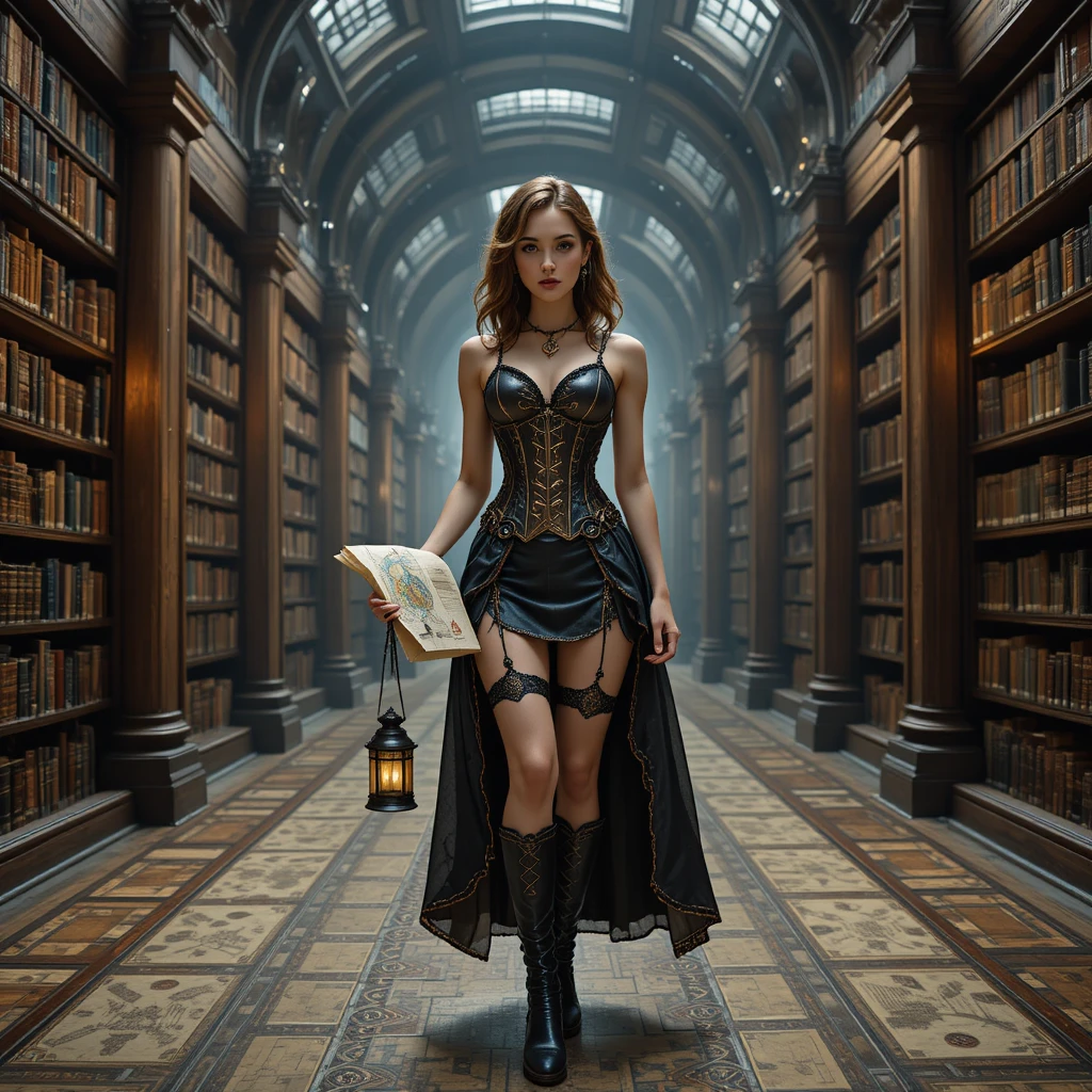 Lost woman with lantern in endless steampunk library maze