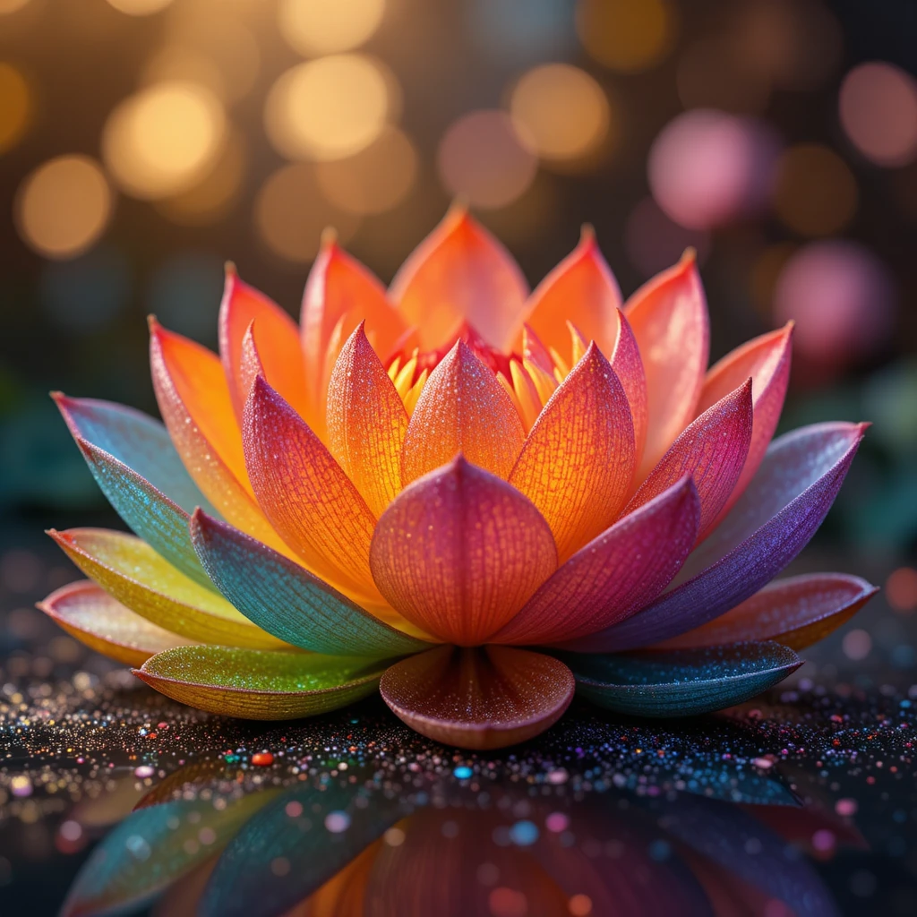 Flores de lótus coloridas com pétalas cintilantes e fundo bokeh