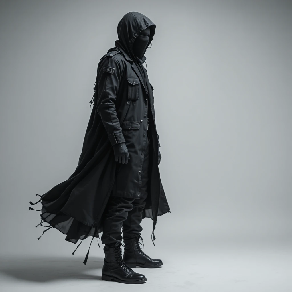 Figura mascarada misteriosa com casaco tático preto em fundo branco